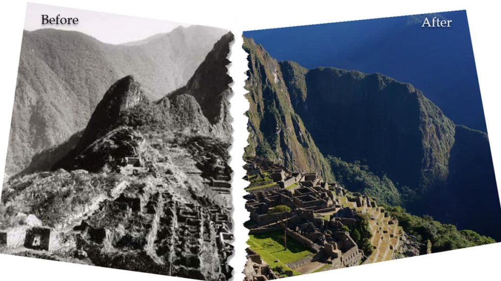 Before photo of Machu Picchu from 1923 juxtaposed with an After photo of the Inca citadel from 2019 