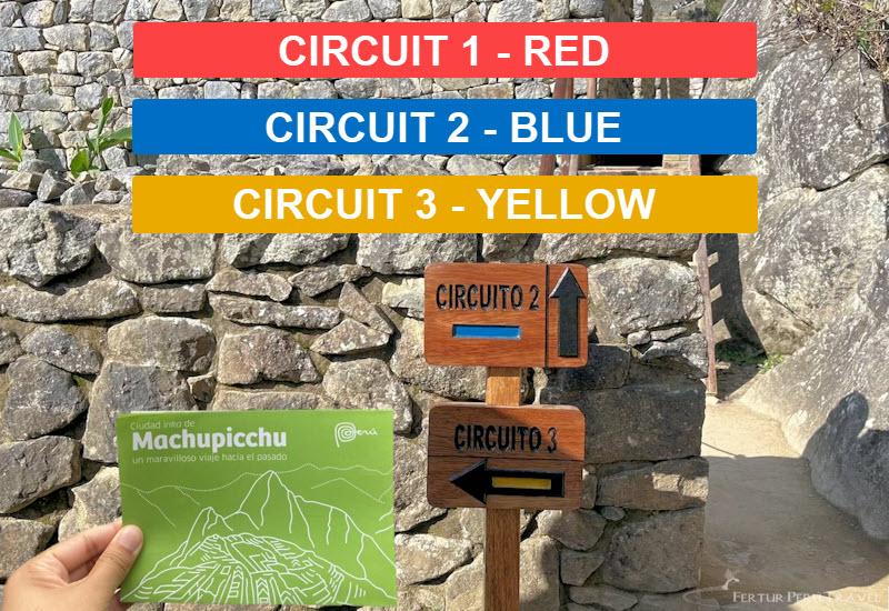 Signs at Machu Picchu demonstrating the new color-coded tourist routes. Circuit 1 is Red, Circuit 2 is blue and Circuit 3 is yellow.