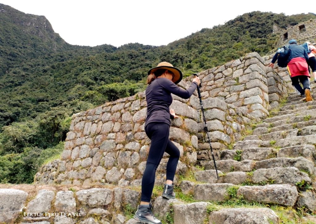 Fertur Peru Travel client ascends the steps of the Inca ruins Wiñayhuayna on her trek to Machu Picchu.