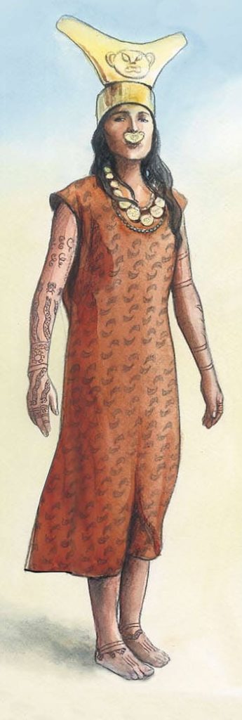 Sketch of the Dama Cao, the Moche ruler who lived around 300 C.E. 