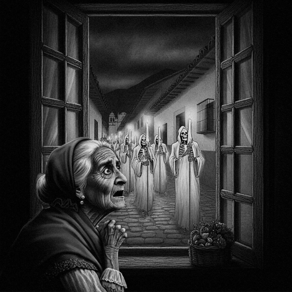 Cajamarca ghost story - Doña Jordana looks out her window at a  funeral procession of skeletons approaching