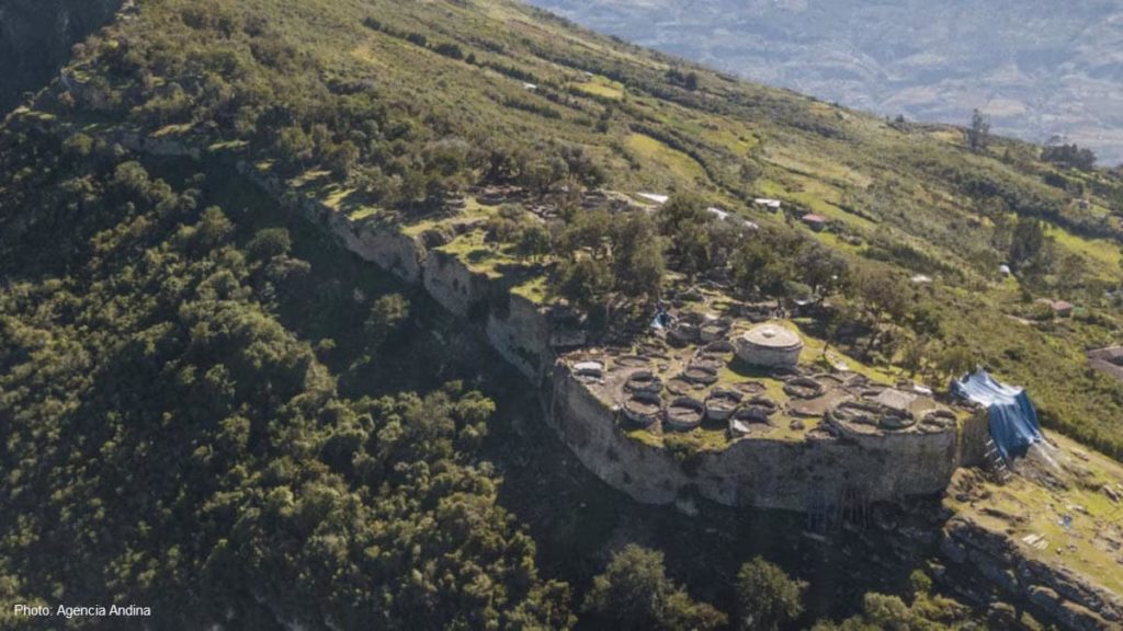 Aerial view of Kuélap, the ancient Chachapoya fortress high in Peru’s cloud forests.