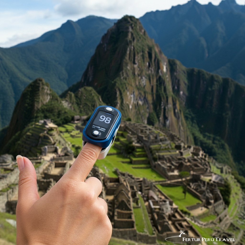 woman checking her oxygen saturation level with a pulse oximeter at Machu Picchu 