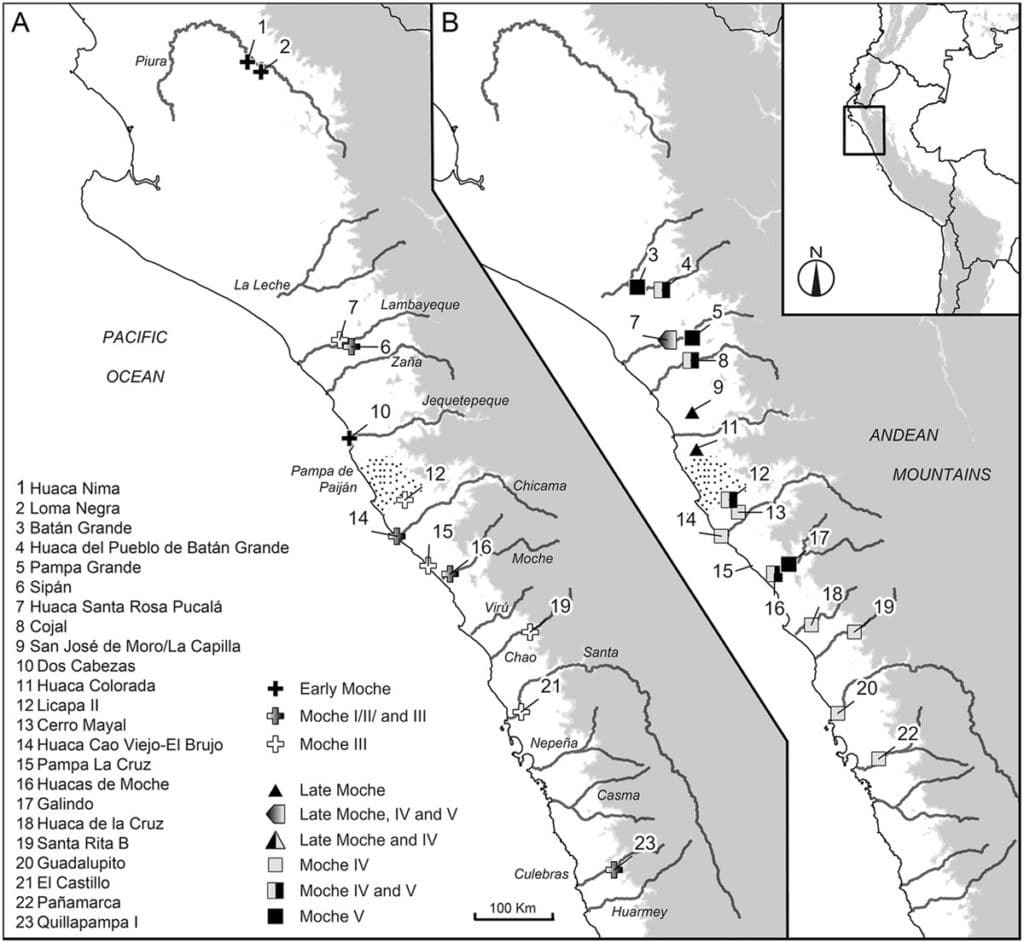 Map showing Moche archaeological sites along Peru's north coast. Courtesy of Hugo Ikehara-Tsukayama/Quaternary International